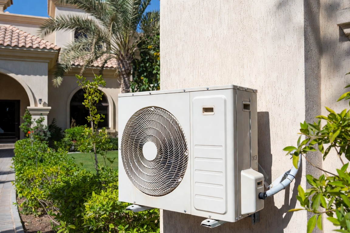 Outdoor AC unit mounted on a shaded wall of a UAE villa